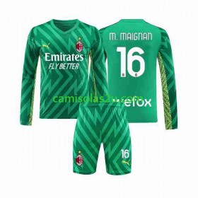Camisolas de futebol AC Milan Mike Maignan 16 Guarda Redes Criança Equipamento Principal 2023/24 Manga Comprida